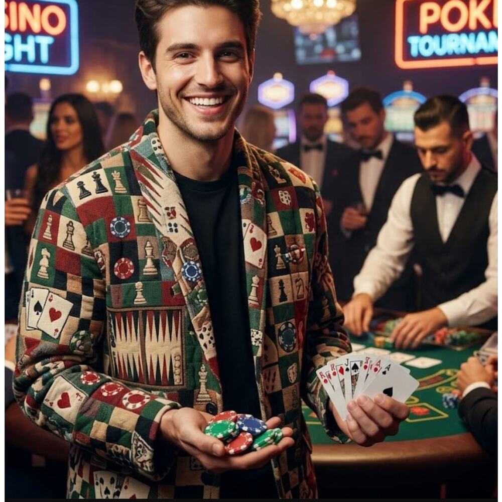 Upcycled Handmade Tapestry Quilted Jacket Games Pattern Poker Casino Night